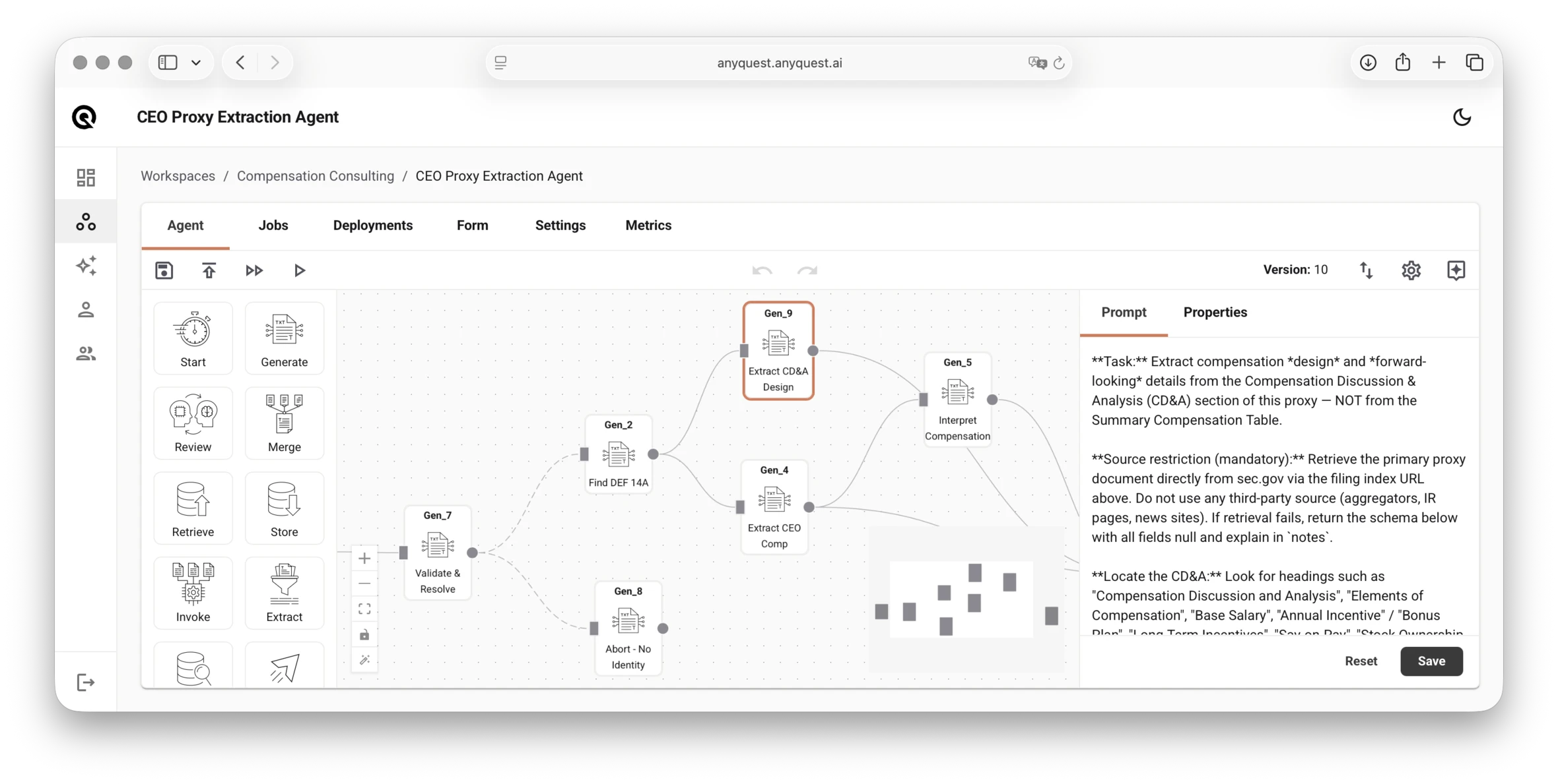 AnyQuest agent builder — a CEO proxy extraction workflow assembled on the visual canvas, with per-step prompts, validation, and versioned deployment
